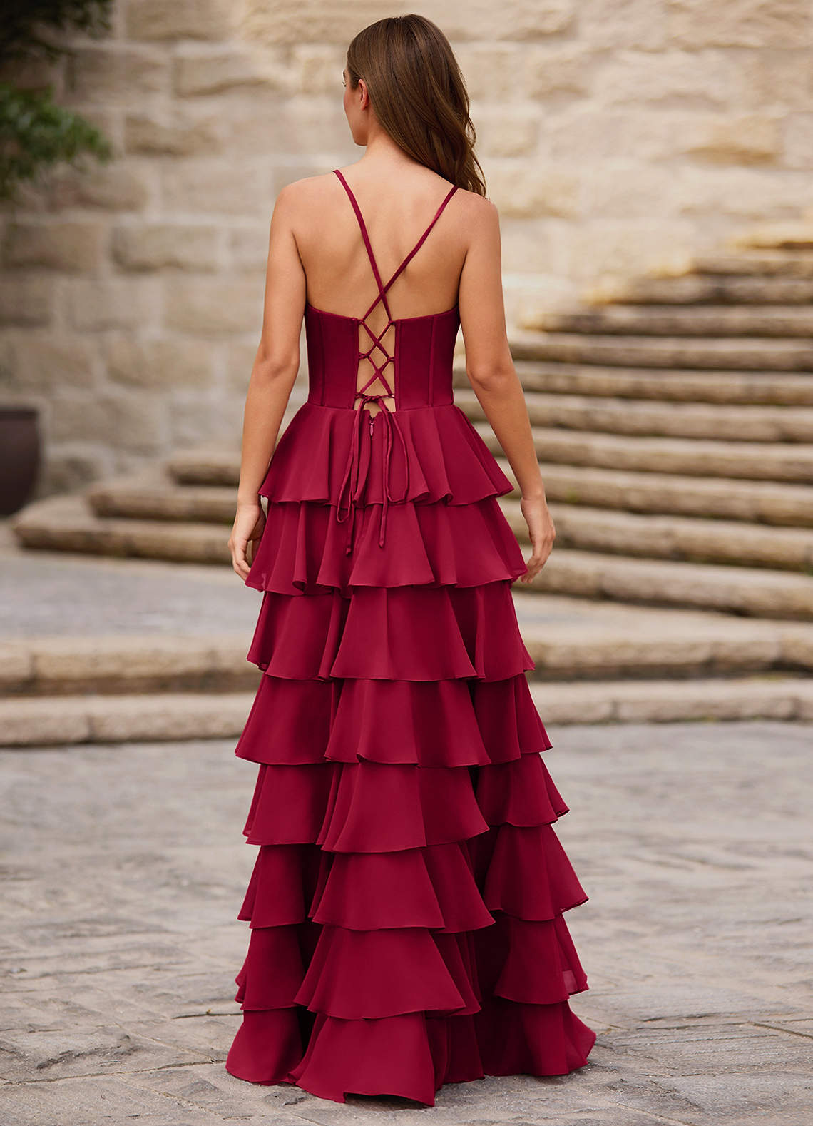 Rhythm Dark Red Ruffled A-line Prom Dress