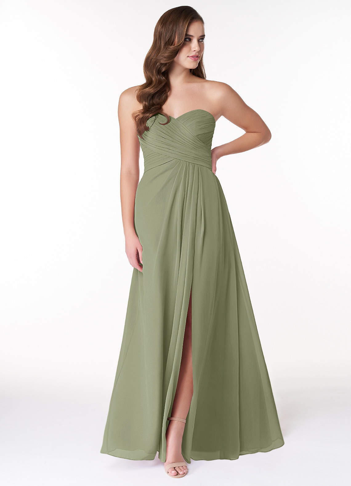 Azazie Arabella Allure Vestidos de damas de honor Vestido de Pistacho de Gasa de Corte en A Convertible con Escote de Corazón image1