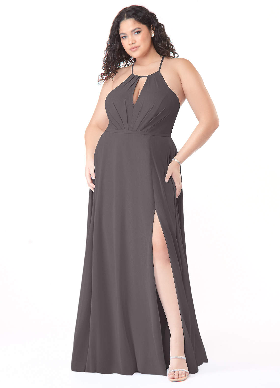plus size grey evening dresses Mac Duggal Embroidered Top Jersey Skirt Gown main image 1