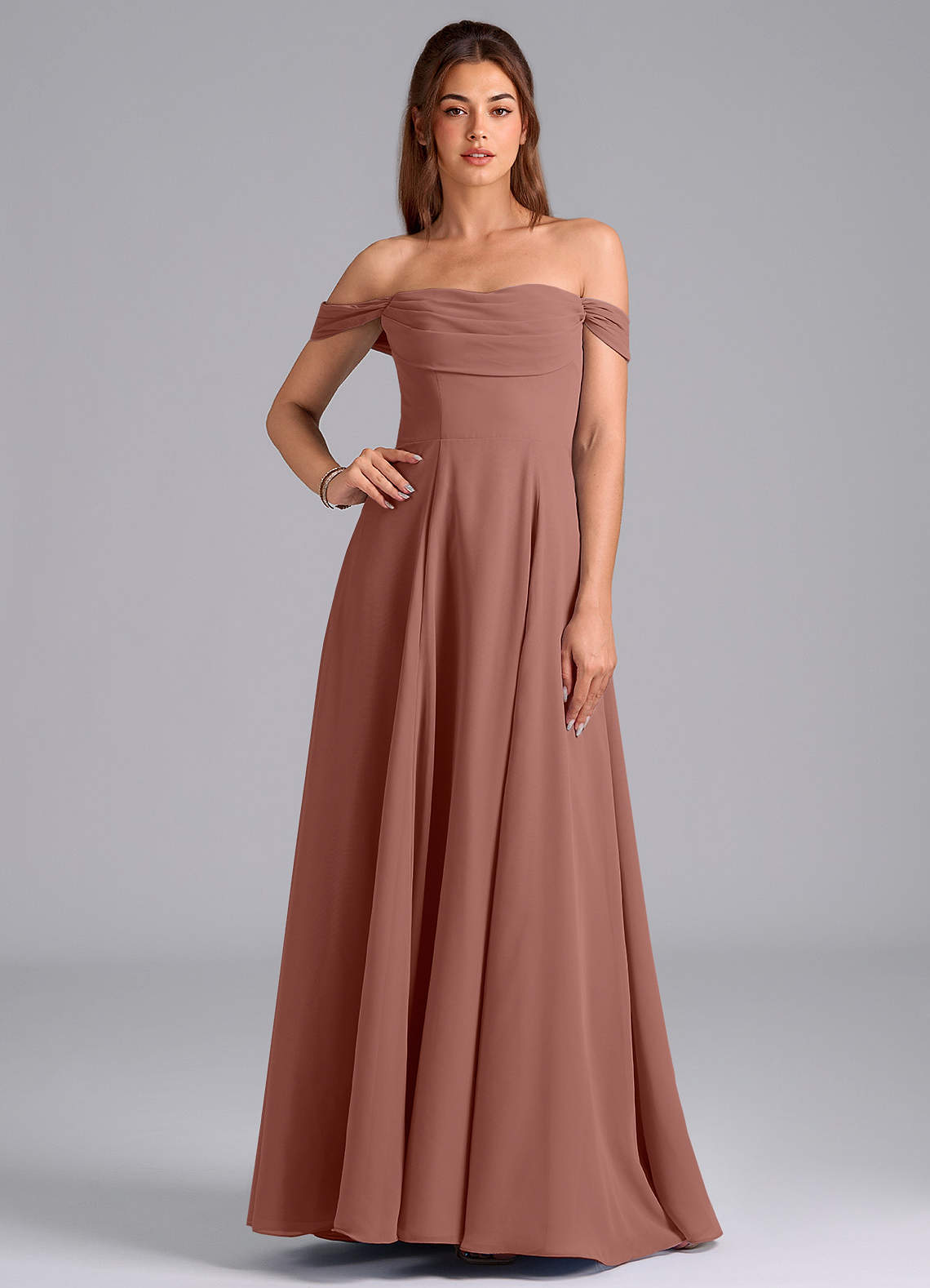 Azazie Almina Brautjungfernkleider Wandelbar A-Linie Schulterfrei Chiffon Kleid Zedernrose image1