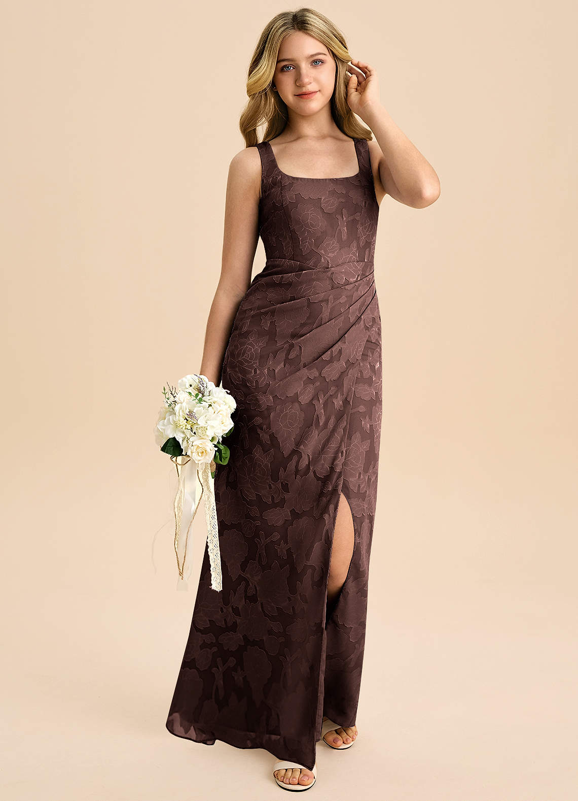 Azazie Mero Junior Ganache Sheath Pleated Floral Burnout Dress image5