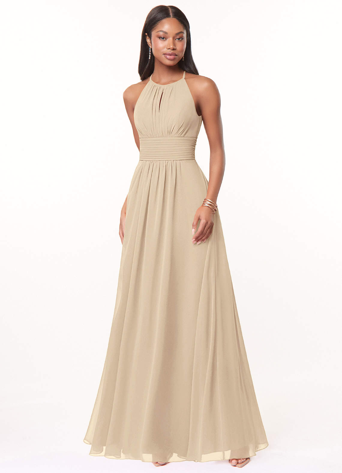 Azazie Bonnie Bridesmaid Dresses Champagne A-Line Keyhole Ruched Chiffon Dress image1