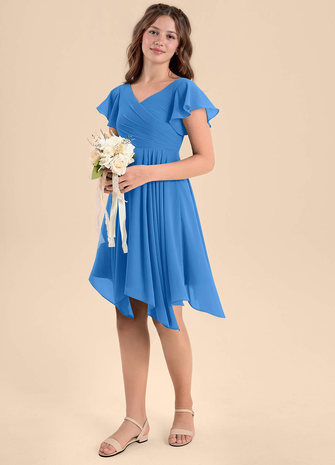 Azazie Janeaurelia Junior Abito A-Line in Chiffon Plissettato Blue Jay image1