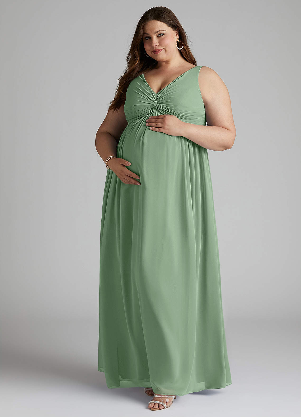 Azazie Yetta At-home Try On Dresses A-Line V-Neck Gathered Chiffon Floor-Length Dress image8