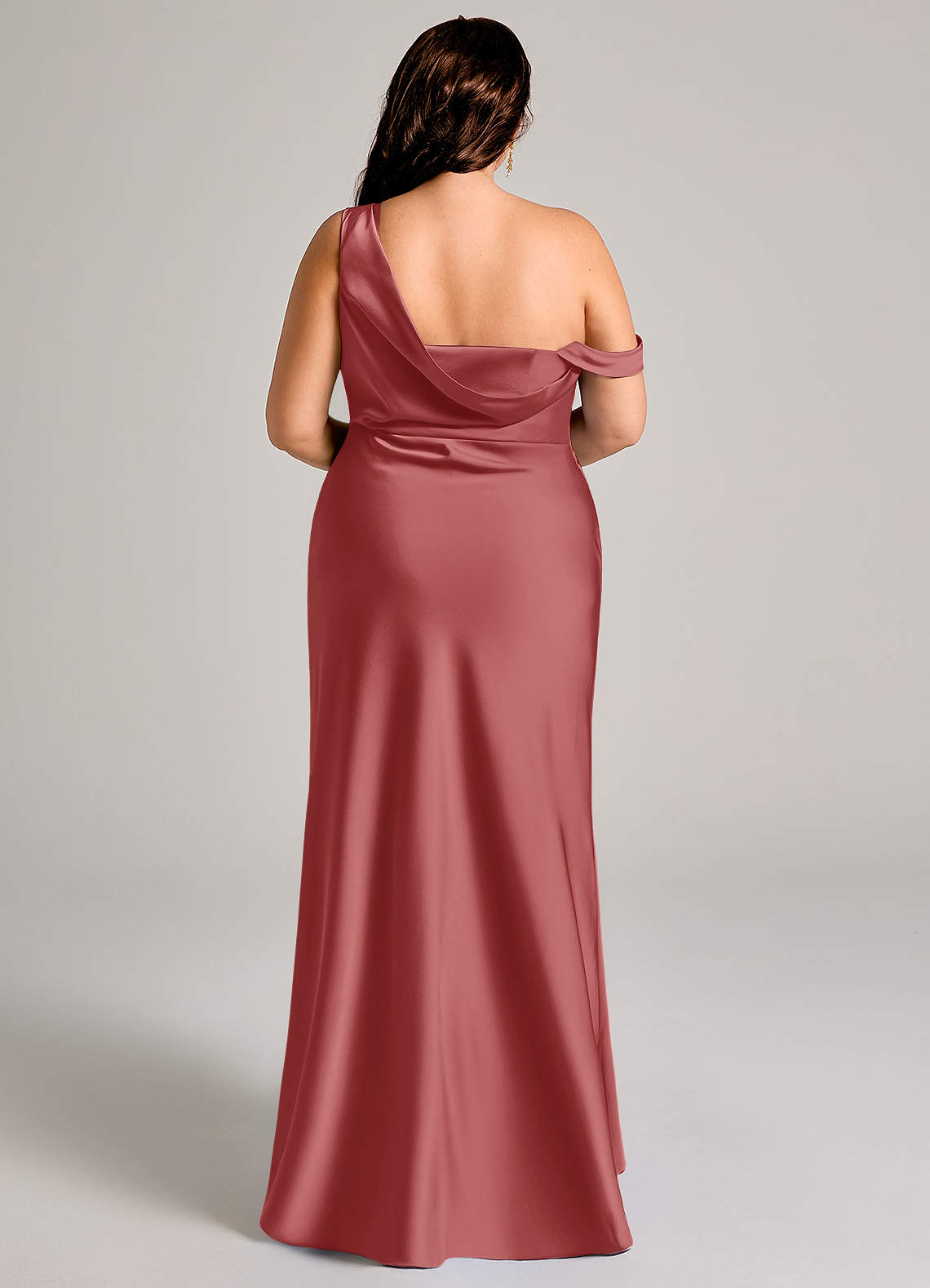 Azazie Madelyn At-home Try On Dresses Agave Mermaid One Shoulder Stretch Satin Convertible Dress image14
