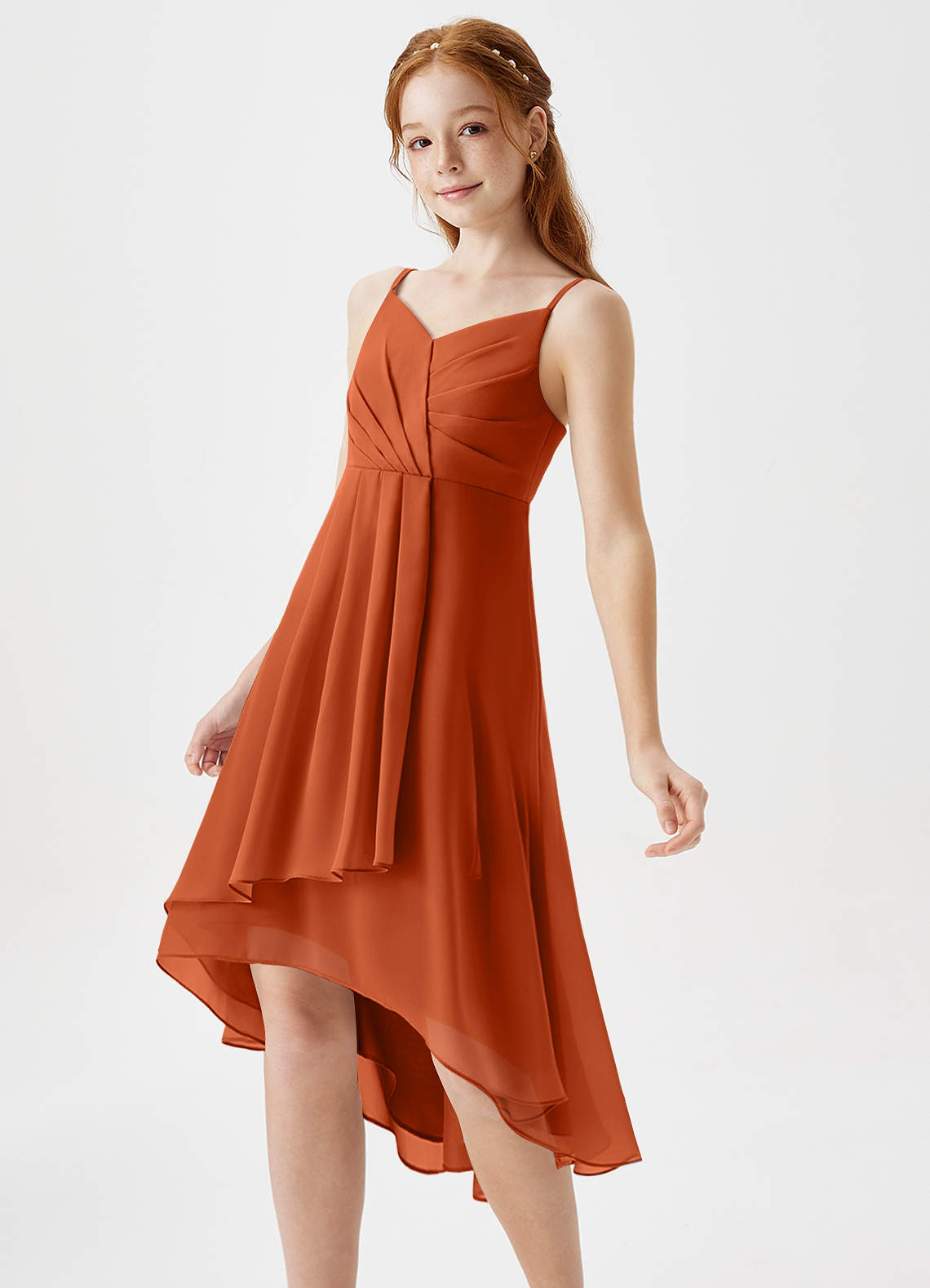 Azazie Mariam Junior Robe Trapèze en Mousseline de soie Plissée Orange Brûlée image1