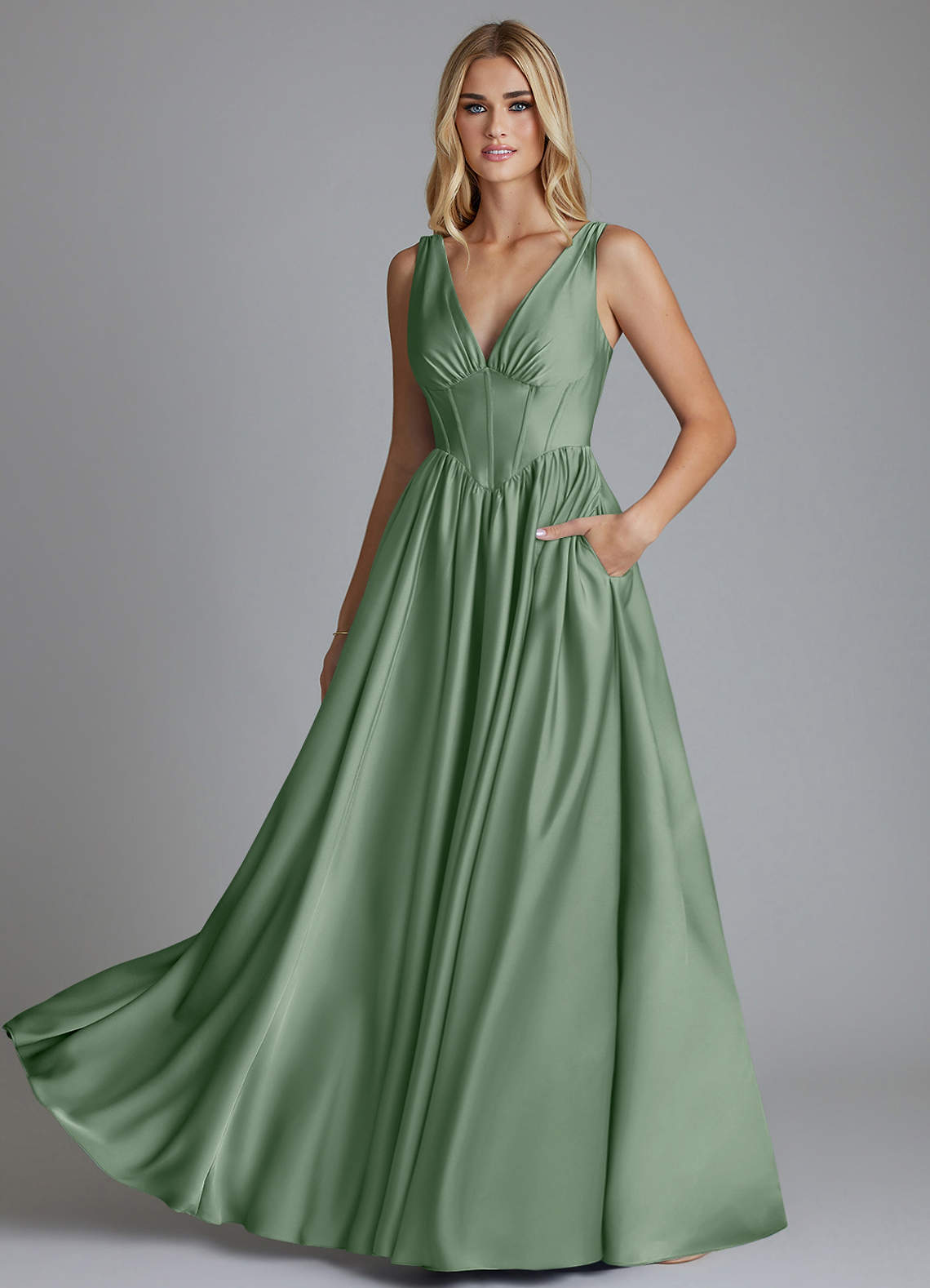Azazie Delmie Vestidos de madrinha de casamento Vestido Matchá de Cetim elástico de Linha A com Corpete image5