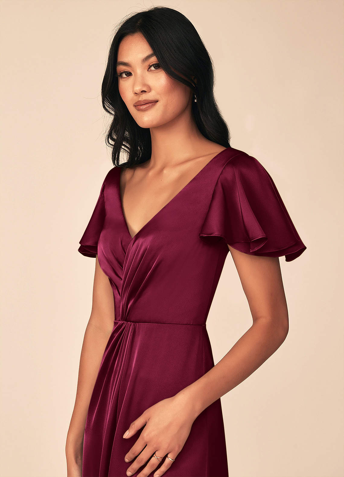 Azazie Soren Bridesmaid Dresses Burgundy A-Line Pleated Stretch Satin Dress image6