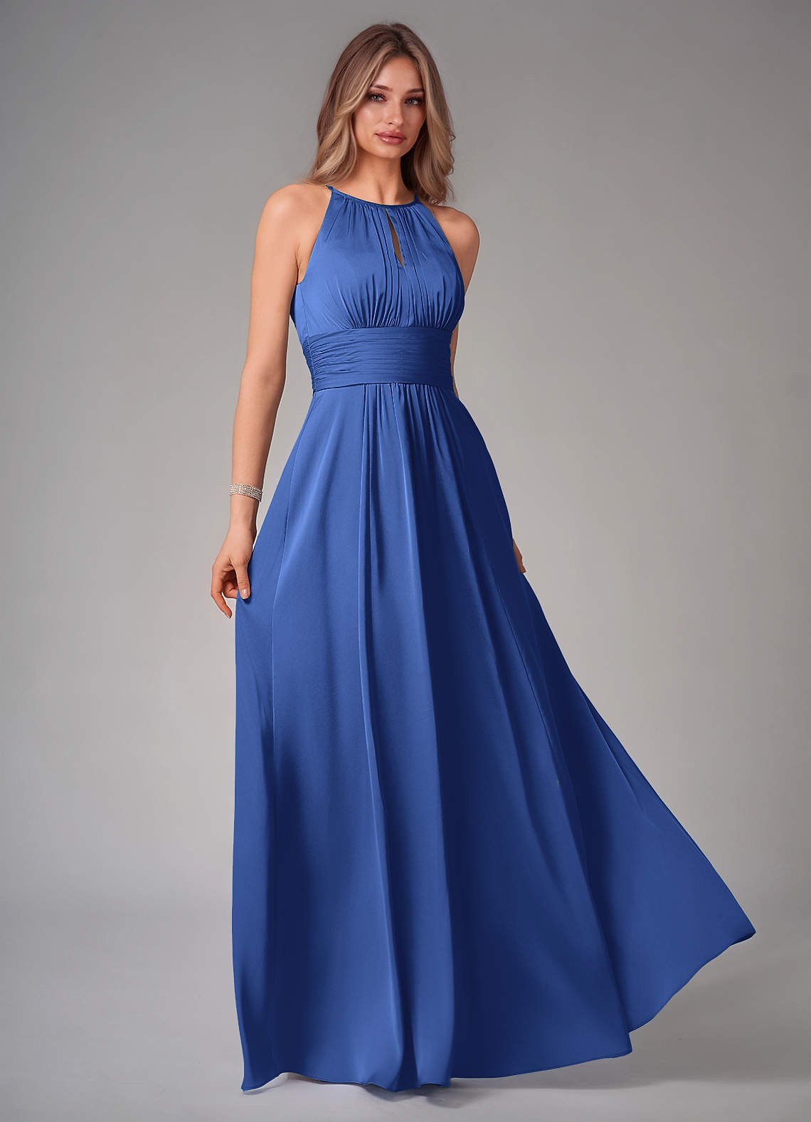 Azazie Bonnie Vestidos de damas de honor Vestido de Azul Real de Satén Elástico de Corte en A con Plisado image1
