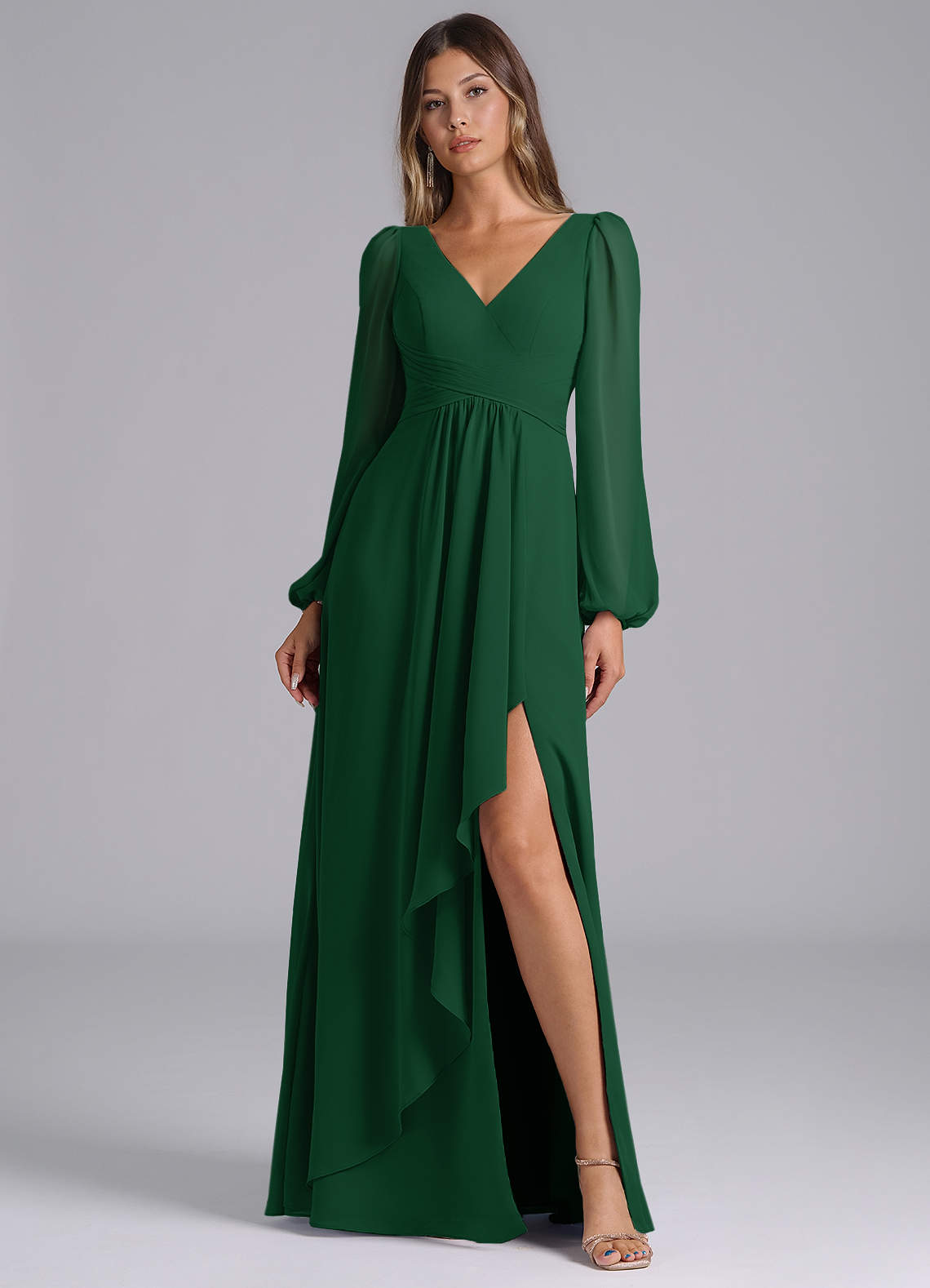 Azazie Omari Bridesmaid Dresses Dark Green A-Line Long Sleeve Chiffon Dress image1