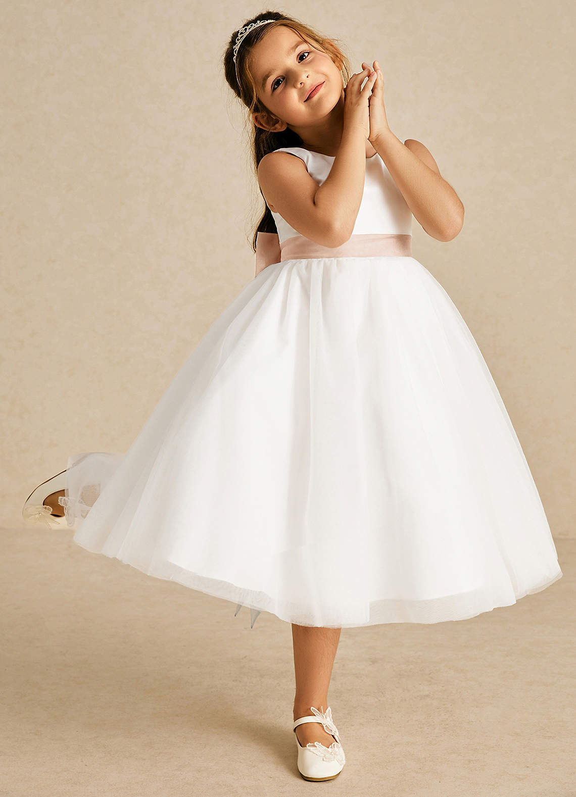 Azazie Kavi Flower Girl Dresses Ivory English Rose A-Line Bow Matte Satin Dress image4