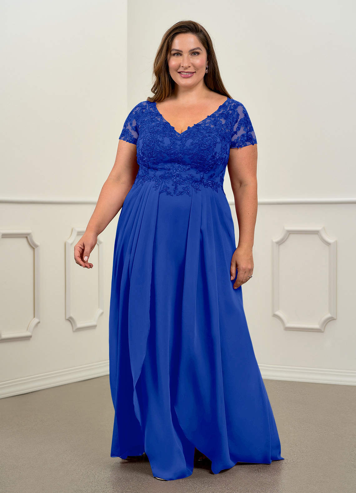 Azazie Dunja Klänningar till brudens mor Klä A-Line i Chiffong V-ringad spets Kungsblå image1