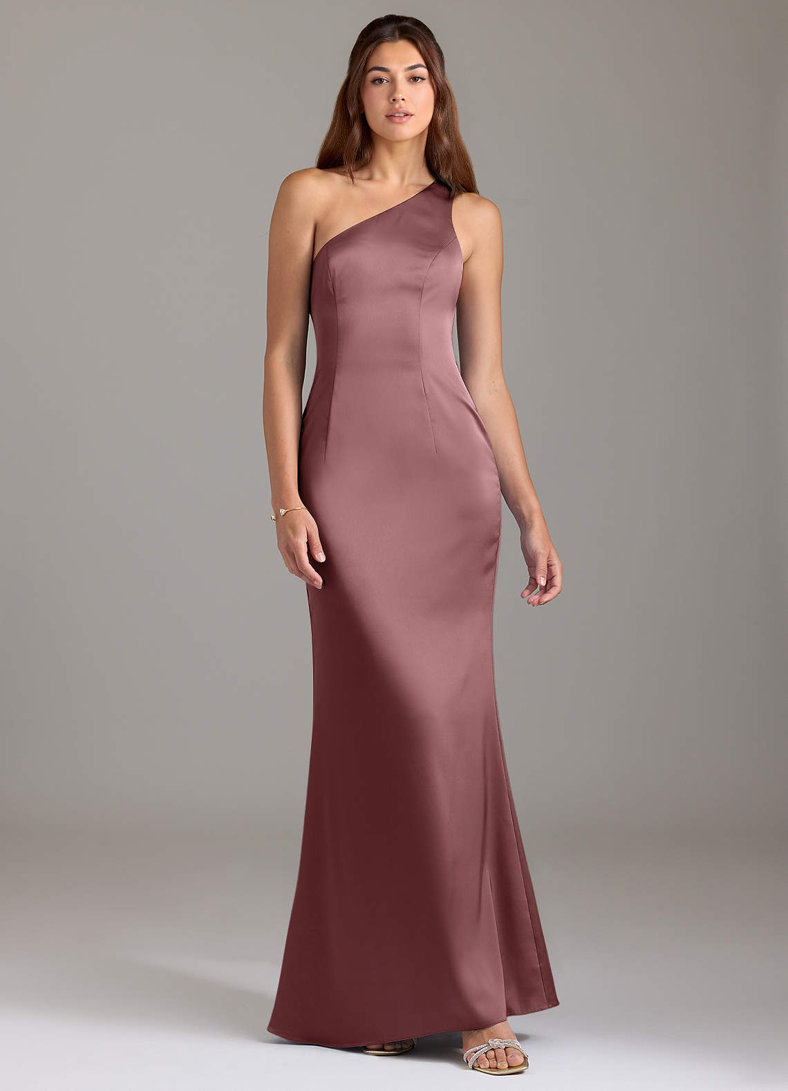Azazie Arleth Bridesmaid Dresses Vintage Mauve A-Line One Shoulder Stretch Satin Dress image1