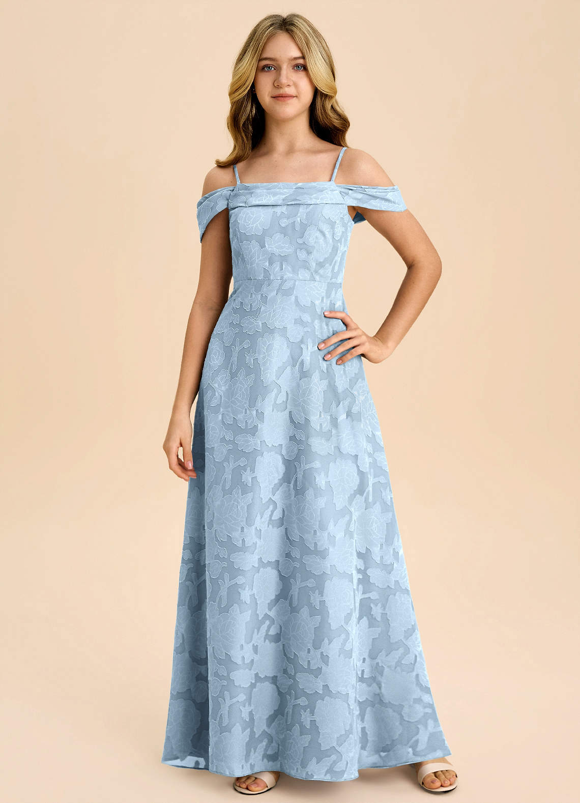 Azazie Anselie Junior Sky Blue A-Line Off the Shoulder Floral Burnout Dress image2