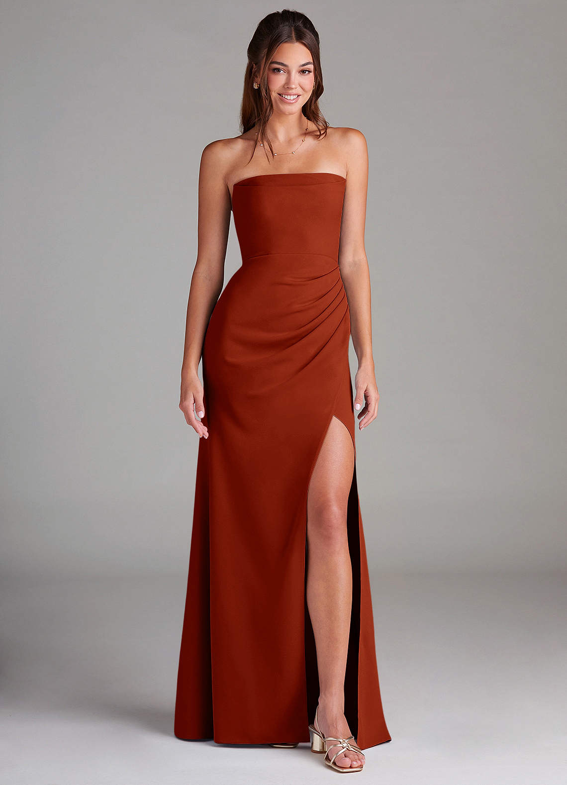 Azazie Leonis Bridesmaid Dresses Rust Sheath Strapless Stretch Crepe Convertible Dress image1