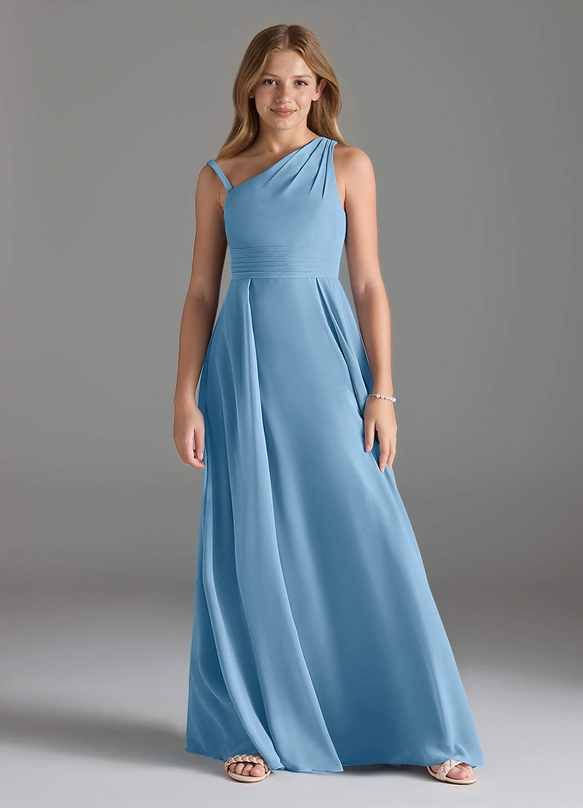 Azazie Dallas Junior Steel Blue A-Line Pleated Chiffon Dress image1