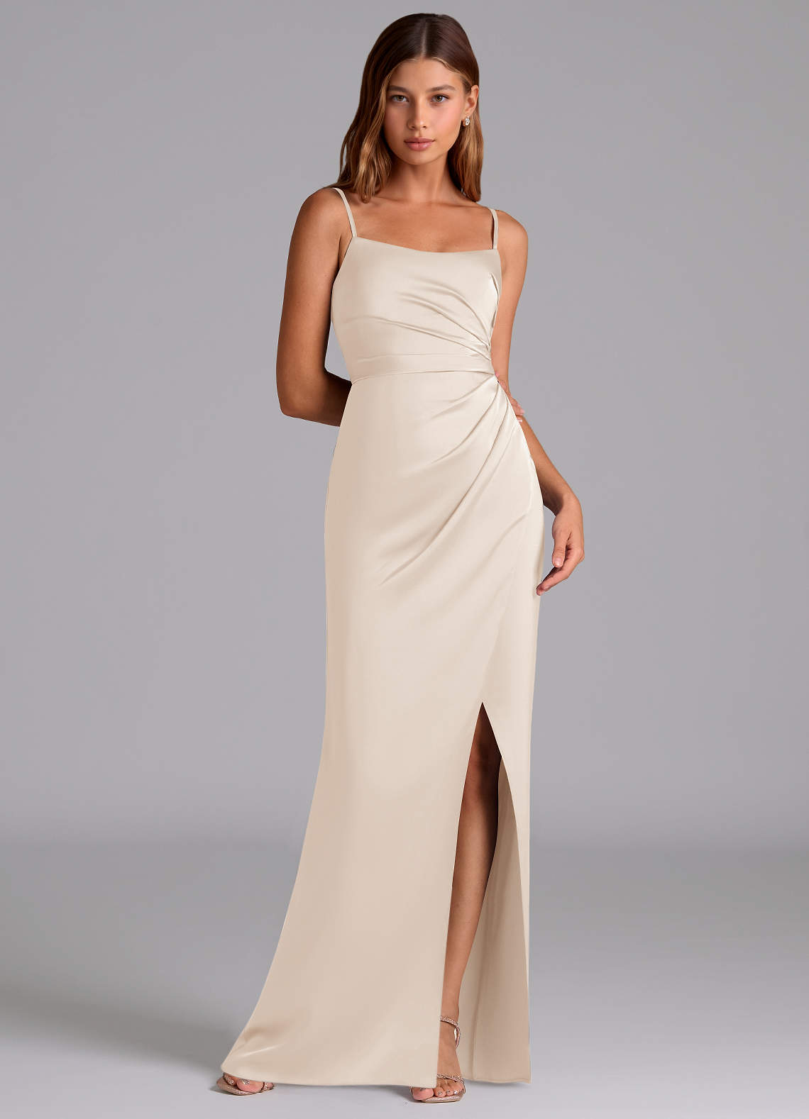 Azazie Calandra Jurken voor bruidsmeisjes Jurk van Stretch Satijn met A-Lijn Geplooid Wit Albast image1