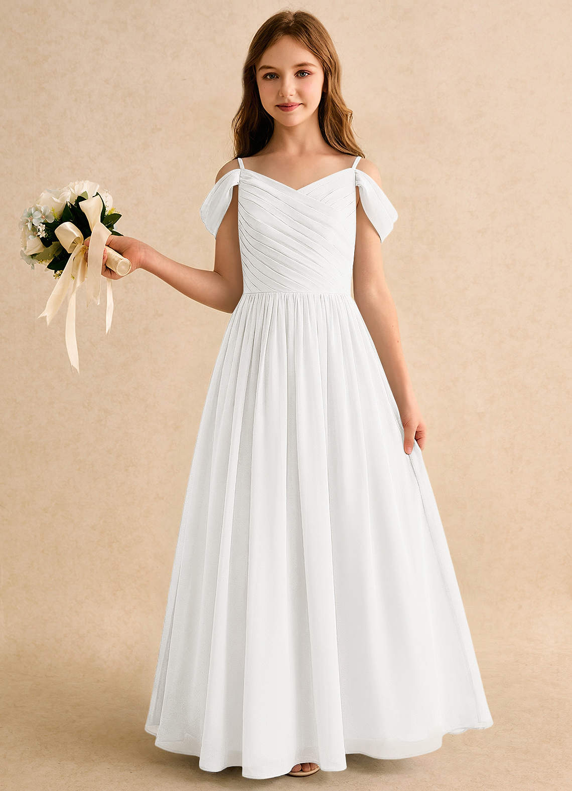 Azazie Chelo Girls Formal Ivory A-Line Pleated Chiffon Dress