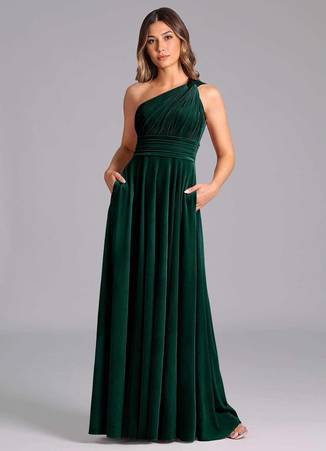 Azazie Charlize Bridesmaid Dresses Emerald A-Line One Shoulder Velvet Dress image2