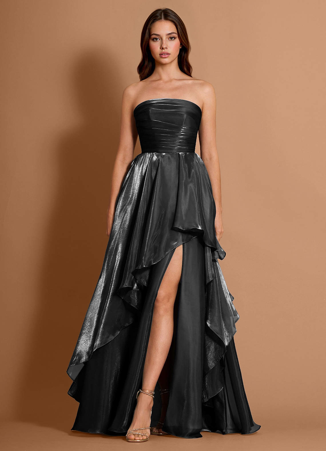 Dahlia Black Satin Faced Chiffon Ruffled A-line Prom Dress | Azazie