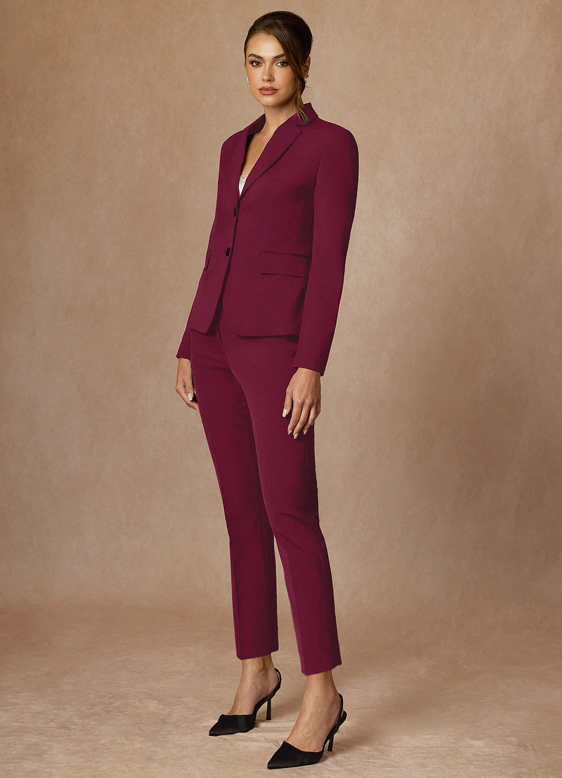 front Whitney Burgundy Structured Stretch Full Length Pants Suit