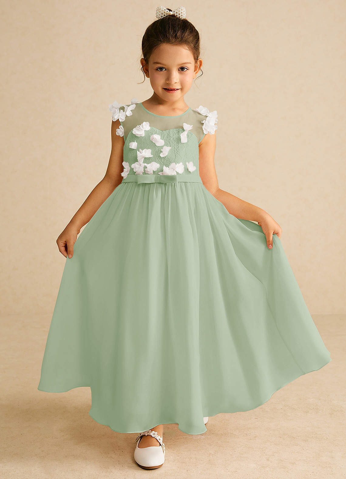 Azazie Arlo Flower Girl Dresses Ivory Dusty Sage A-Line Bow Chiffon Dress image1