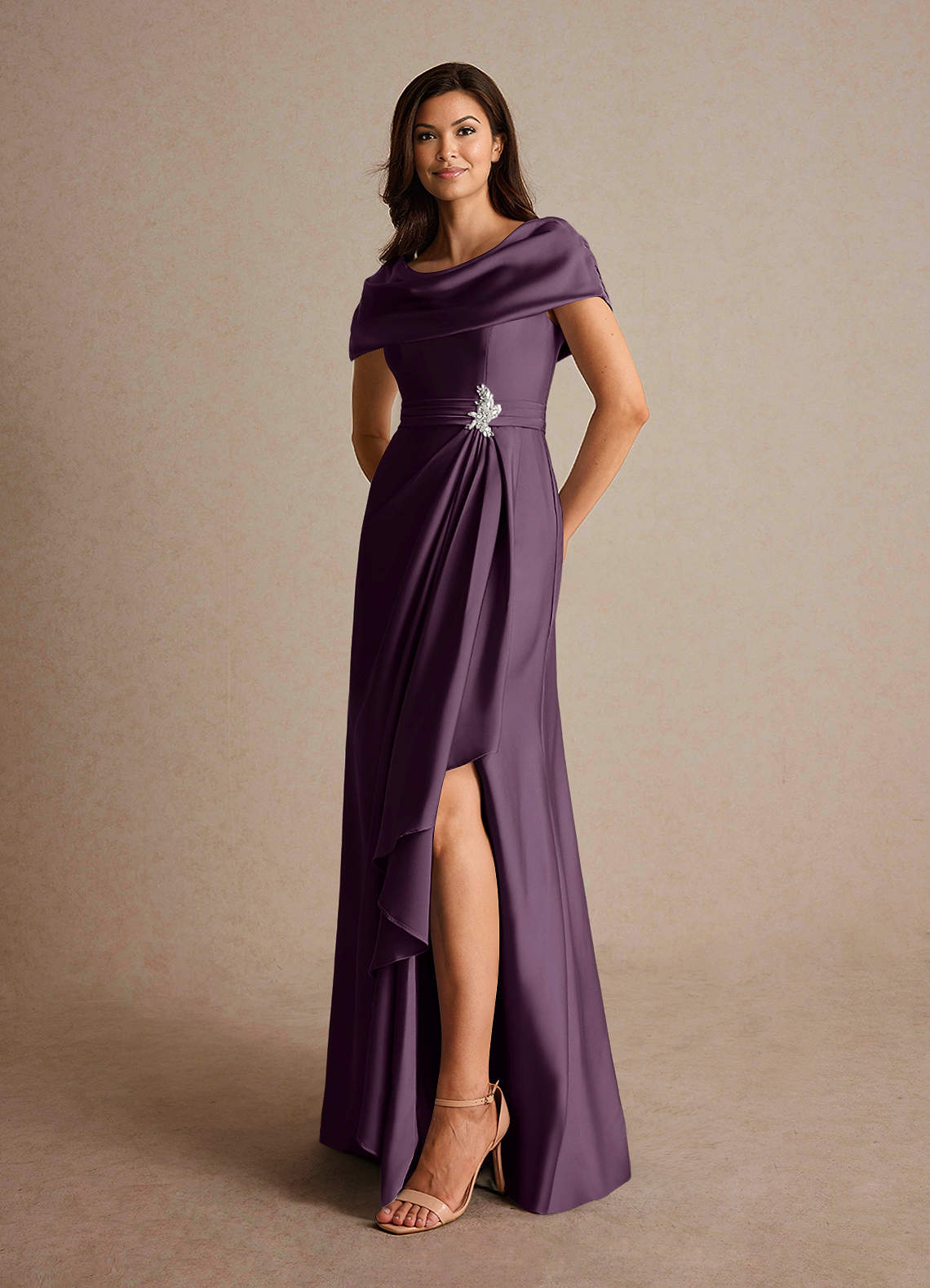 Azazie Branford Mother of the Bride Dresses Plum A-Line Pleated Stretch Satin Dress image7