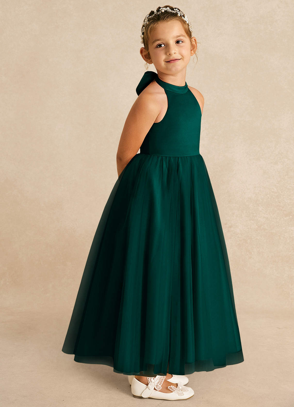 Azazie Bev Flower Girl Dresses Pine A-Line Convertible Tulle Dress image7