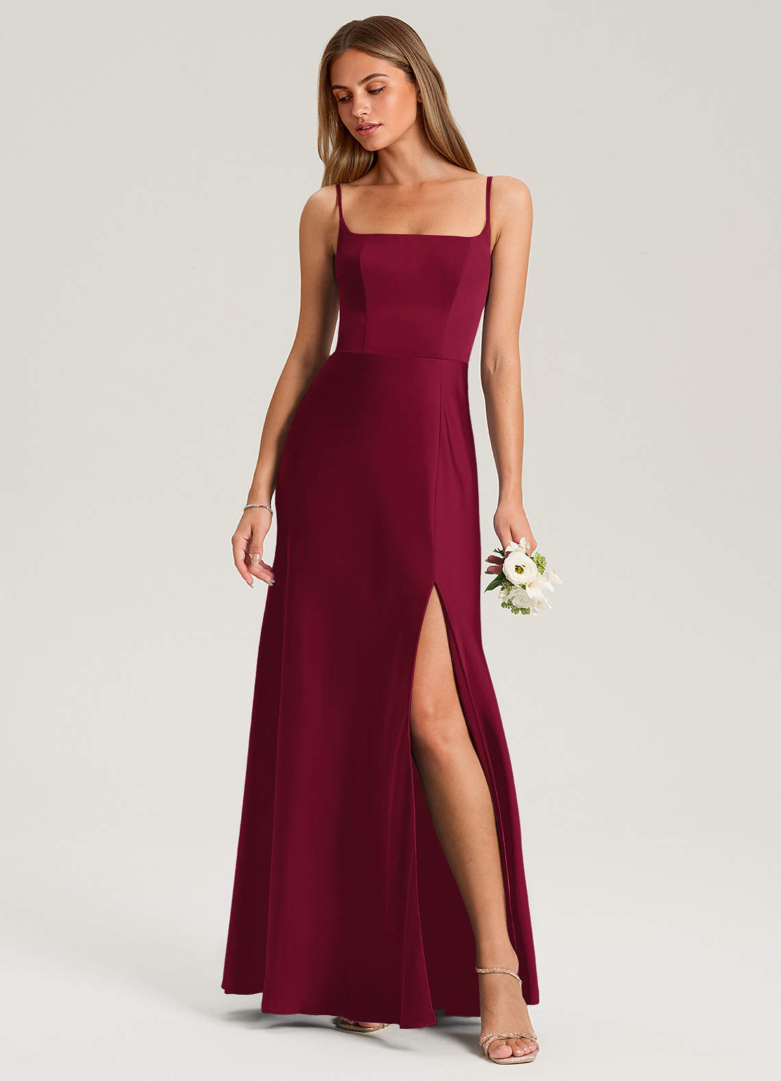 Azazie Lidia Bridesmaid Dresses Burgundy Mermaid Side Slit Stretch Satin Dress image1