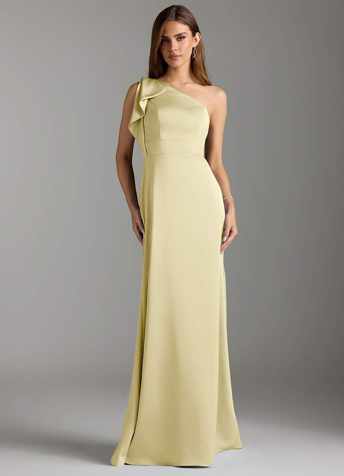 Azazie Rinna Bridesmaid Dresses Lemon Sorbet Mermaid Ruched Stretch Satin Dress image1