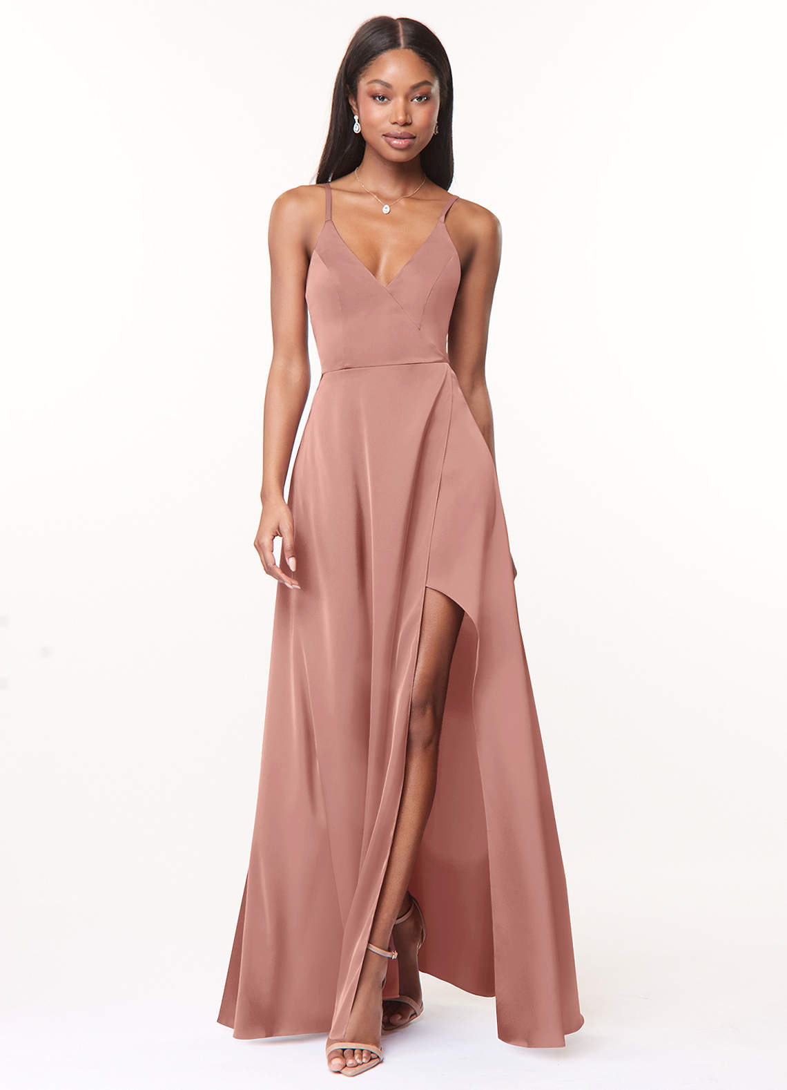 Azazie Maksim Brautjungfernkleider A-Linie V-Hals Stretch-Satin Kleid Rosettenrosa image1