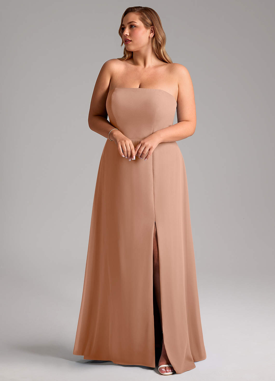 Azazie Wren Bridesmaid Dresses Champagne Rose A-Line Side Slit Chiffon Convertible Dress image1