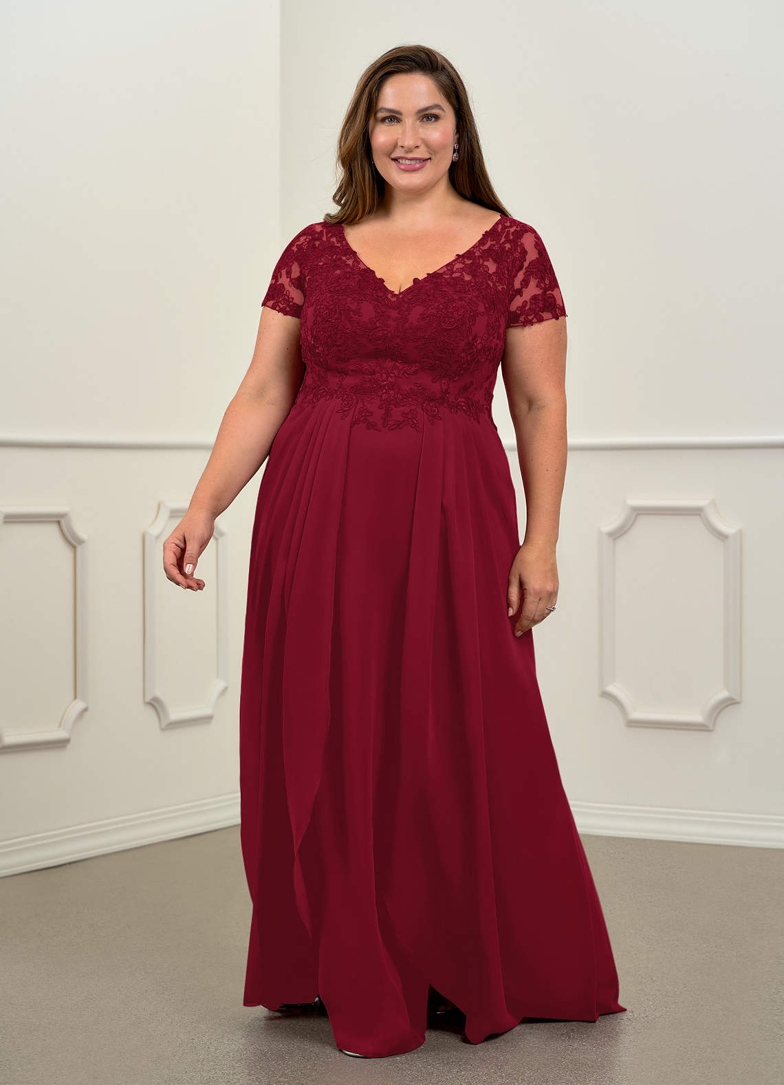 Azazie Dunja Kleider für die Brautmutter A-Linie V-Hals Spitze Chiffon Kleid Burgunderrot image1