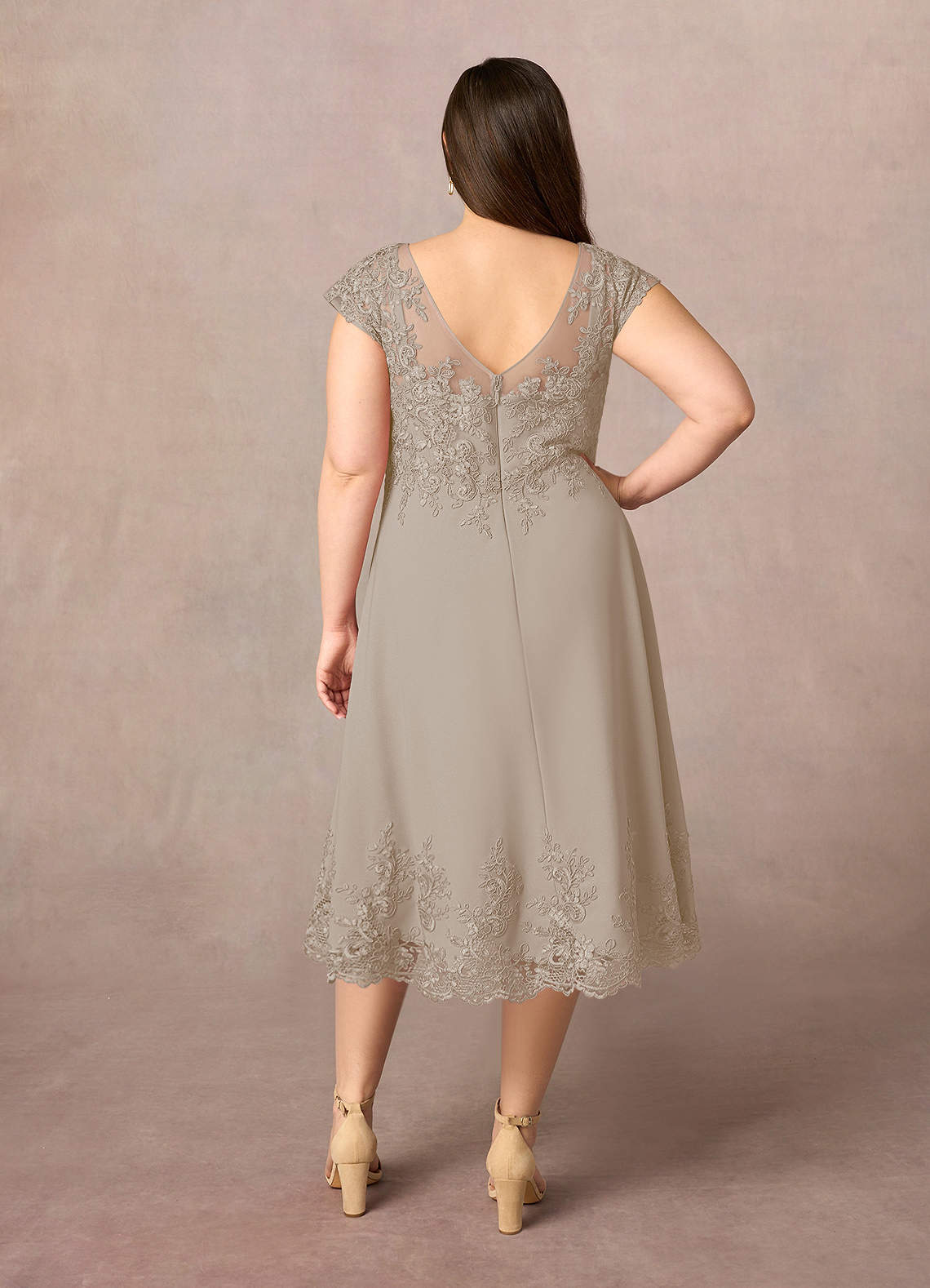 Azazie Terrano Mother of the Bride Dresses Taupe A-Line Scoop Lace Dress image8