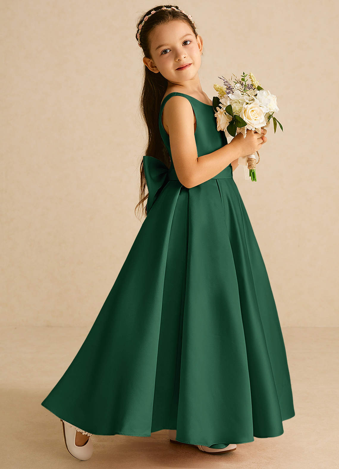 Azazie Pipsy Flower Girl Dresses Dark Green A-Line Bow Matte Satin Dress image2