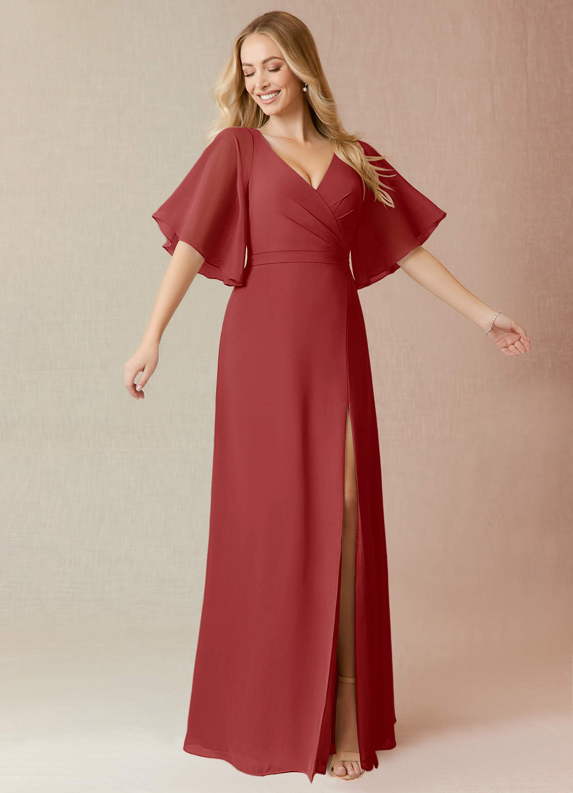 Azazie Cierra Brautjungfernkleider A-Linie V-Hals Chiffon Kleid Rost image1