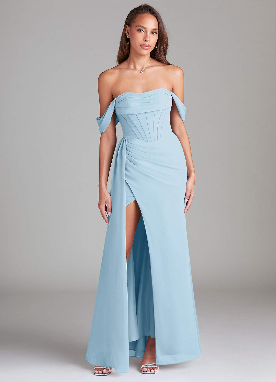 Azazie Amyra Bridesmaid Dresses Sky Blue Sheath Off the Shoulder Chiffon Convertible Dress image1