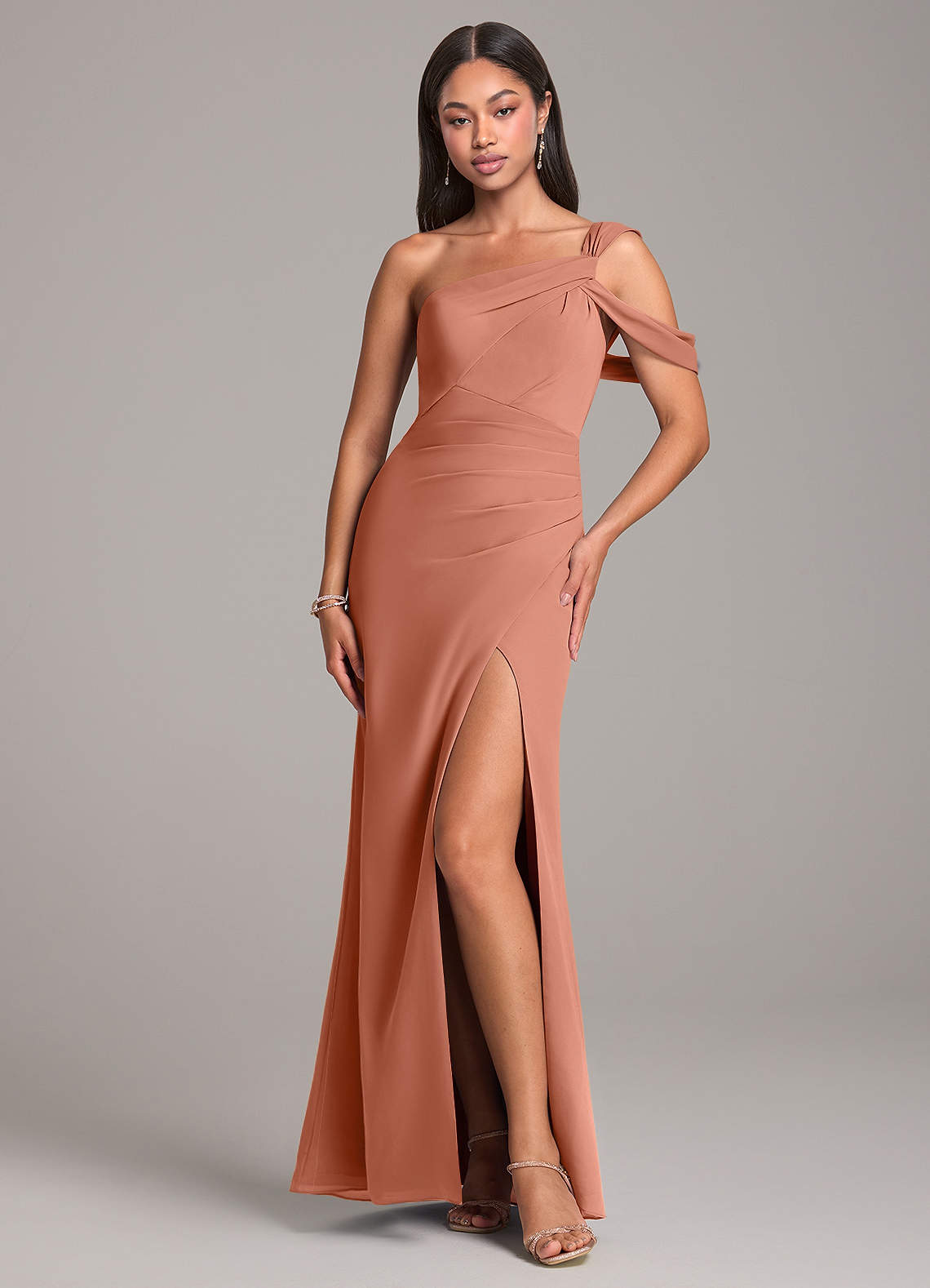 Azazie Wynter Bridesmaid Dresses MAI TAI Sheath Off the Shoulder Chiffon Dress image1
