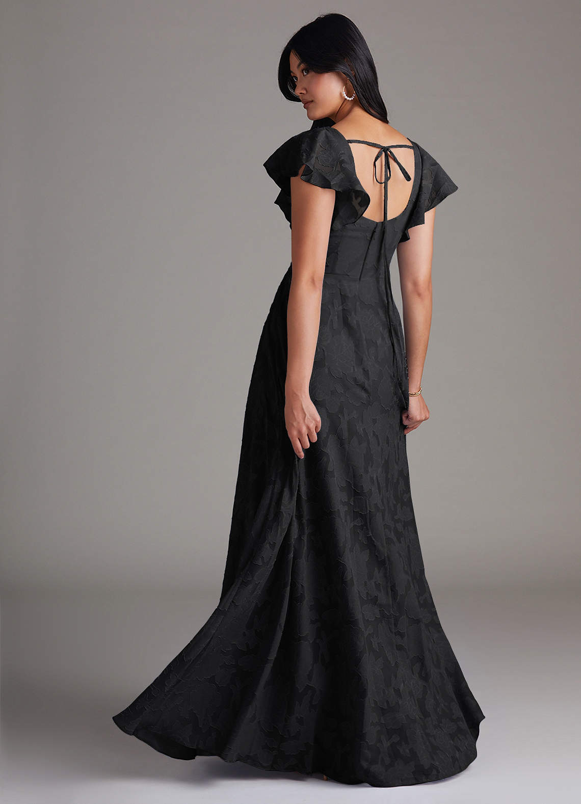 Azazie Bondi Bridesmaid Dresses Black A-Line Side Slit Floral Burnout Dress image2