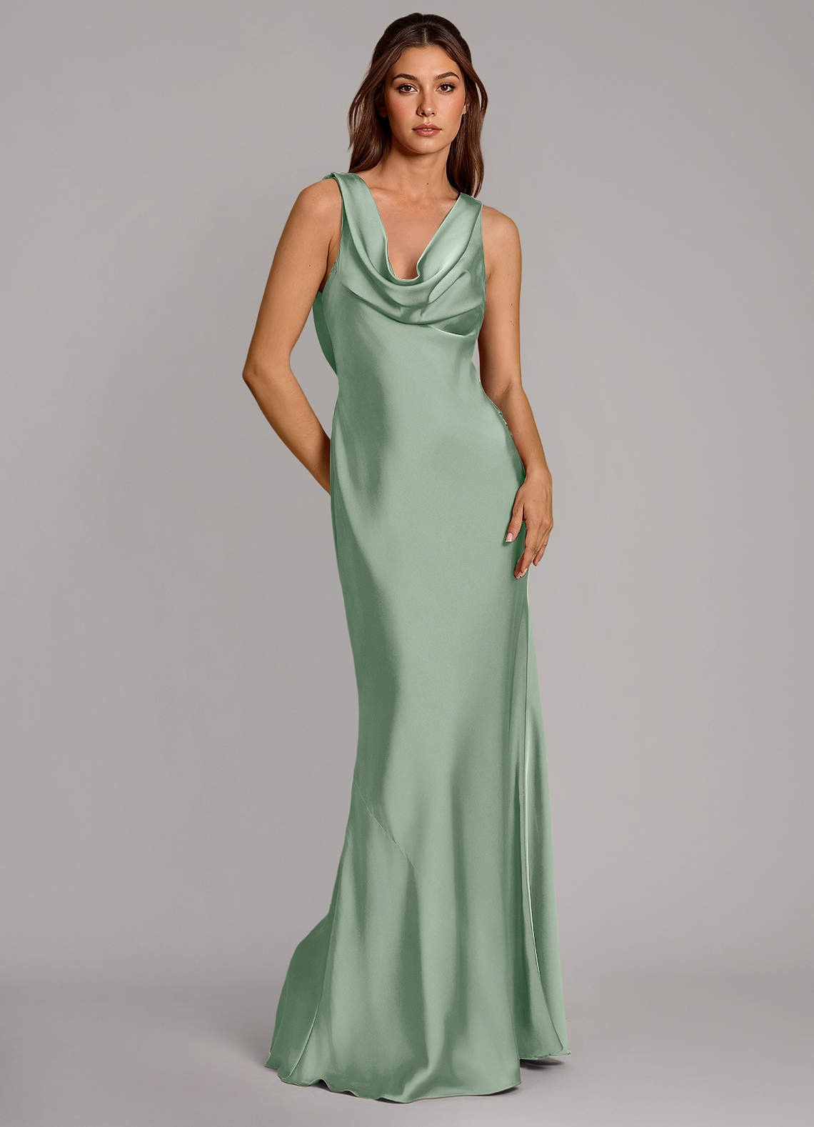 Azazie Cheryl At-home Try On Dresses Agave Mermaid Stretch Satin Dress image1