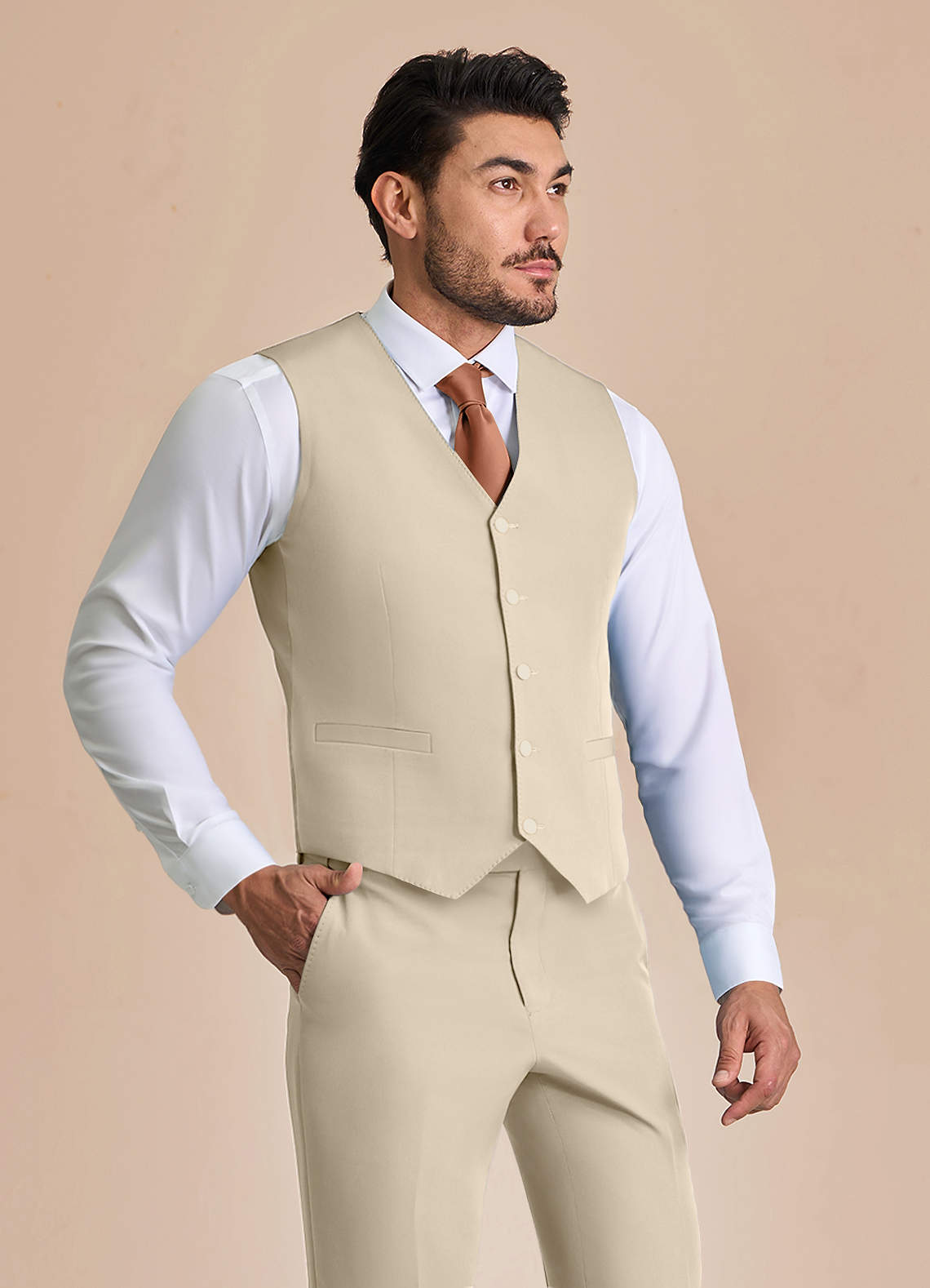front James Tan Structured Stretch Suit Vest