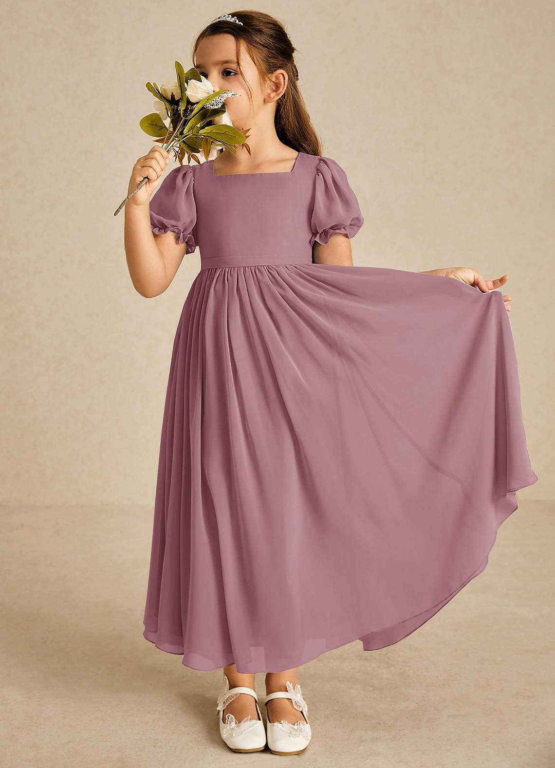 Azazie Joss Abiti da Ragazza di Fiori Abito A-Line in Chiffon Con Maniche Vintage Malva image1