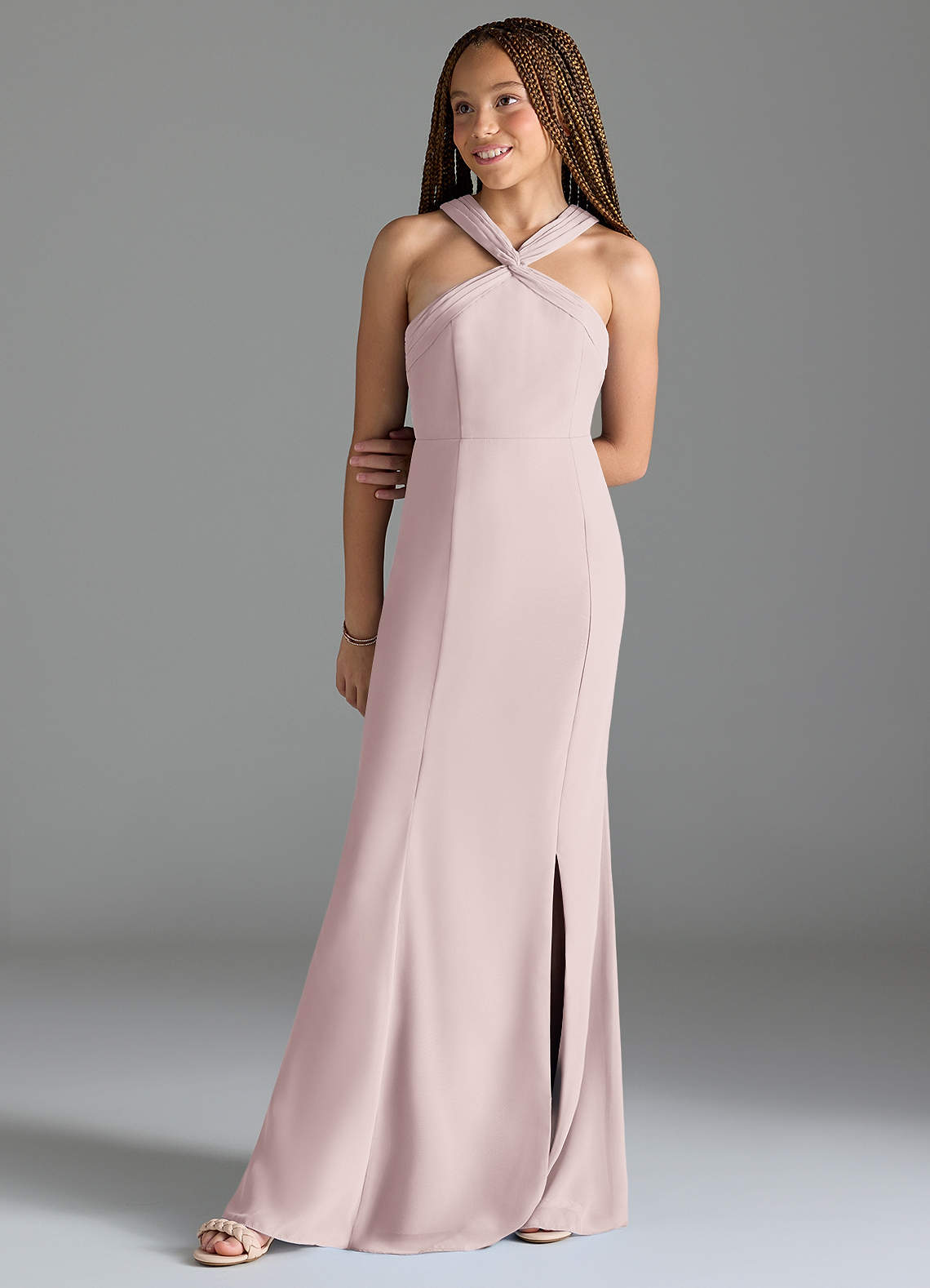 Azazie Rue Junior 인어 사이드 슬릿 쉬폰 플로어 길이 주니어 신부 들러리 드레스 image1