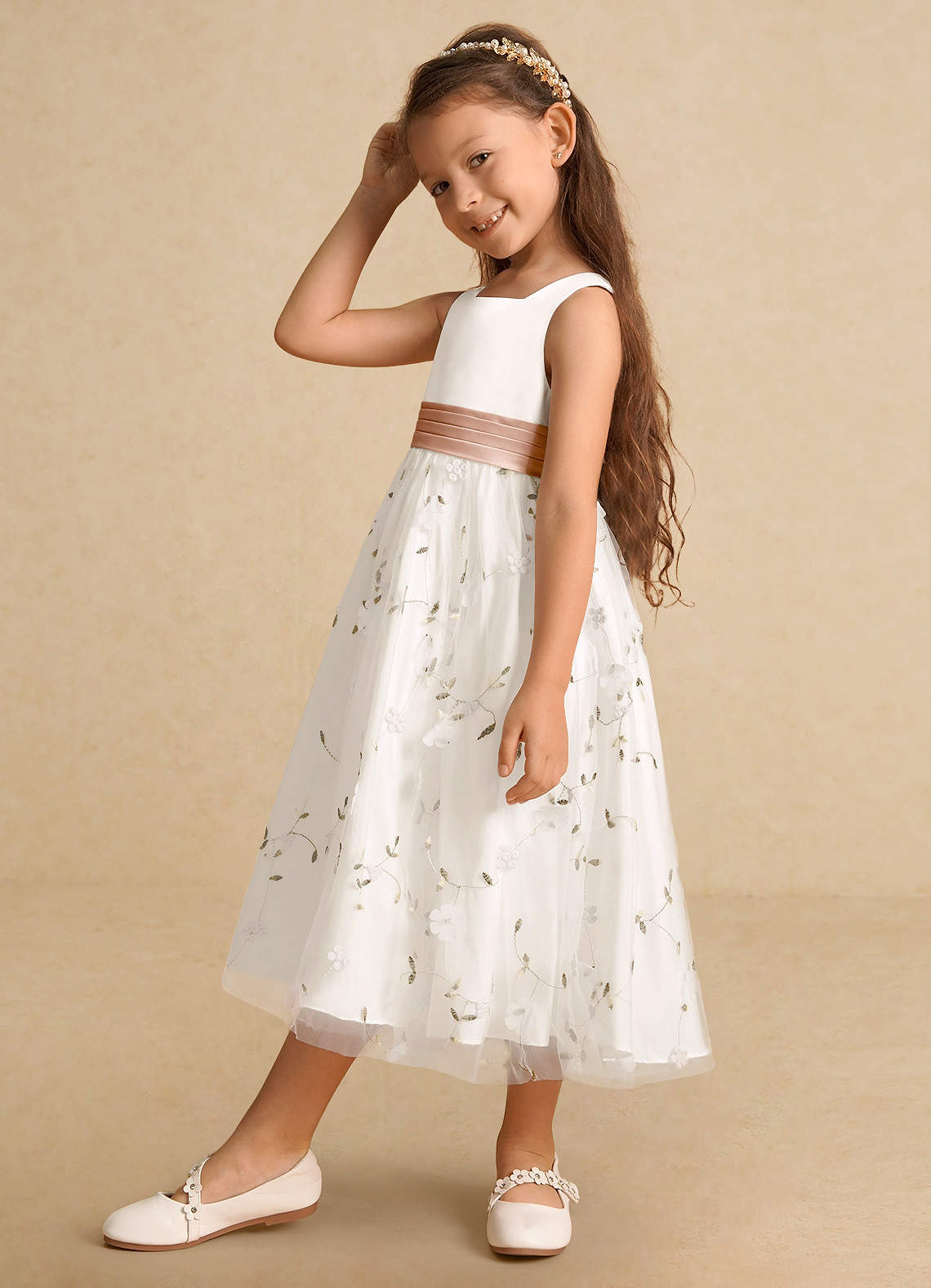 Azazie Pollie Flower Girl Dresses Ivory Champagne Rose A-Line Bow Tulle Dress image7