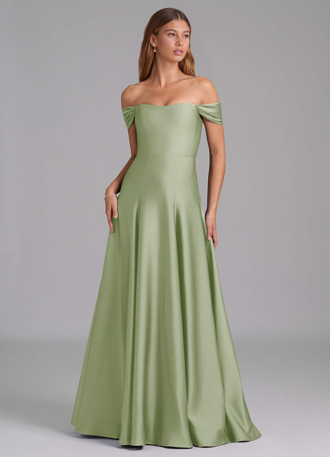 Azazie Seriana Bridesmaid Dresses Dusty Sage A-Line Off the Shoulder Stretch Satin Convertible Dress image1