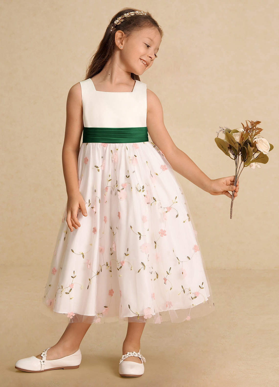 Azazie Pollie Flower Girl Dresses Blushing Pink Dark Green A-Line Bow Tulle Dress image3