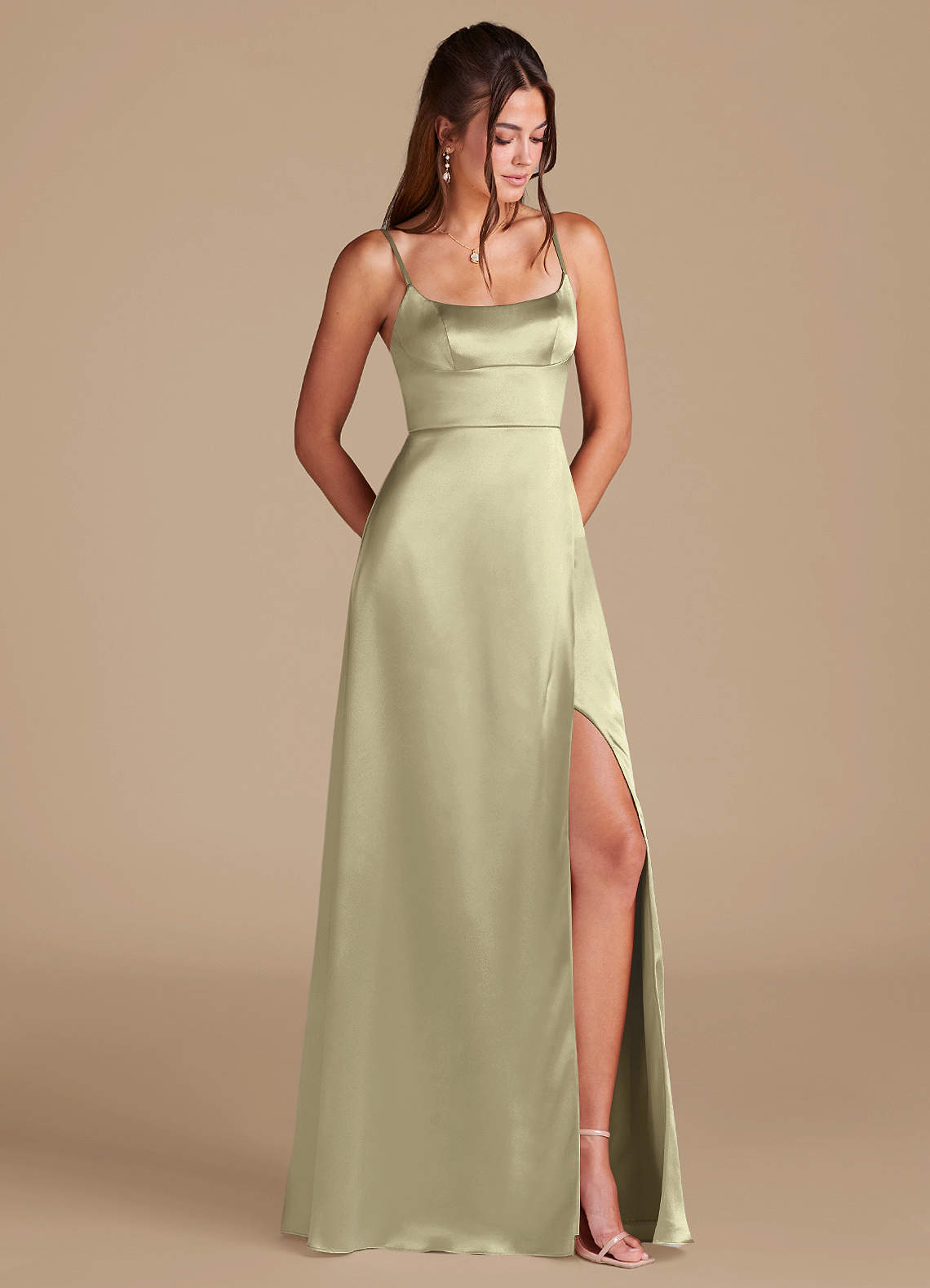 Azazie Halsey Bridesmaid Dresses Moss Green A-Line Side Slit Metallic Satin Dress image1