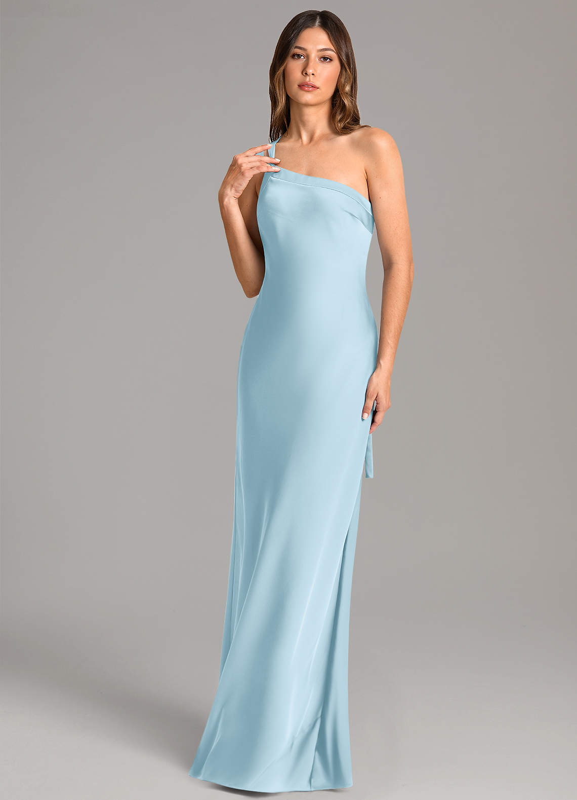 Azazie Monroe Robes de demoiselle d'honneur Robe Sirène en Satin extensible Ue épaule Bleu Ciel image1