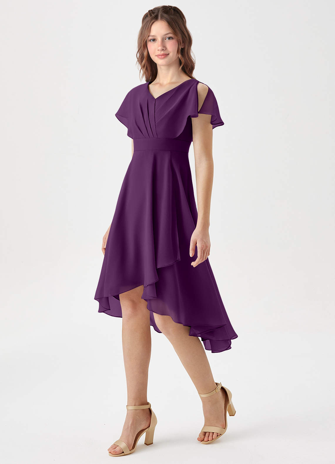 Azazie Graciela Junior Grape A-Line Pleated Chiffon Dress image1