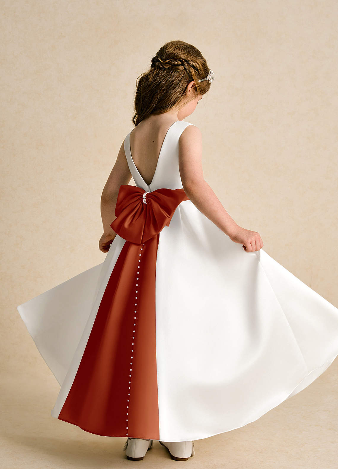 Azazie Cherry Flower Girl Dresses Ivory Paprika Ball-Gown Pleated Matte Satin Dress image3